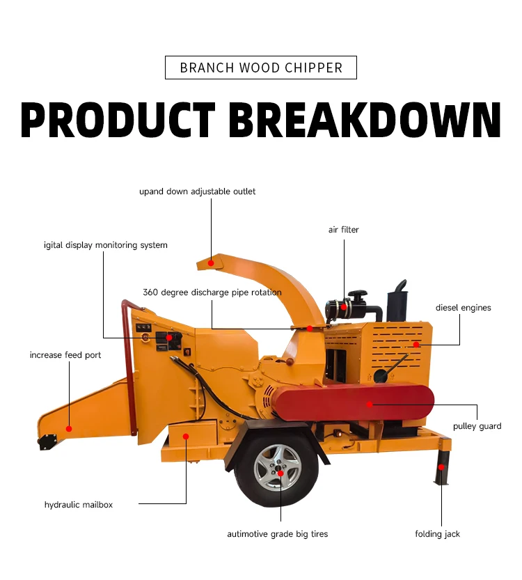 55HP Wood Shredder Mobile Diesel Engine Wood Chipper Waste Tree branches Wood Chipper Machine