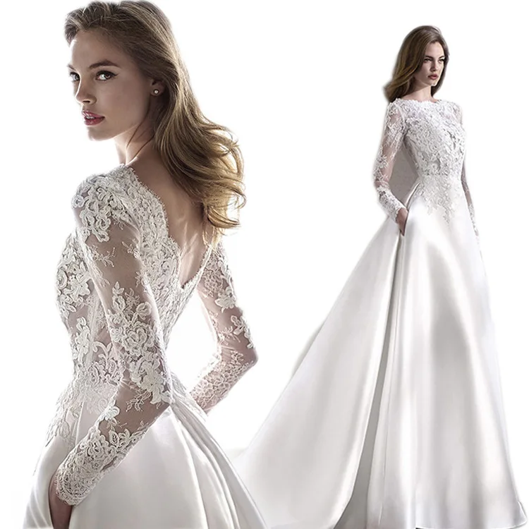 Wedding Spring Summer Autumn Winter Satin Lace Slimming Fashion Bride Long Sleeve Halter Tail Wedding Dress