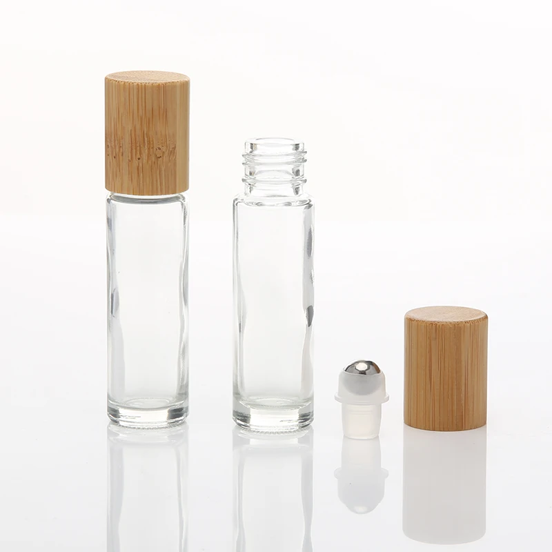 2020 New product 10ml clear oil glass roll on bottle with bamboo wood top roller ball cap
