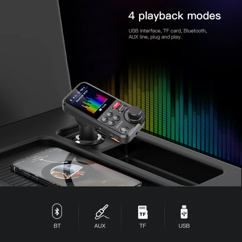 BT5.0 Wireless Transmisor FM for Car With Aux Port 1.8 inches display QC3.0 Charging FM Transmitter Car Treble Bass MP3 Player