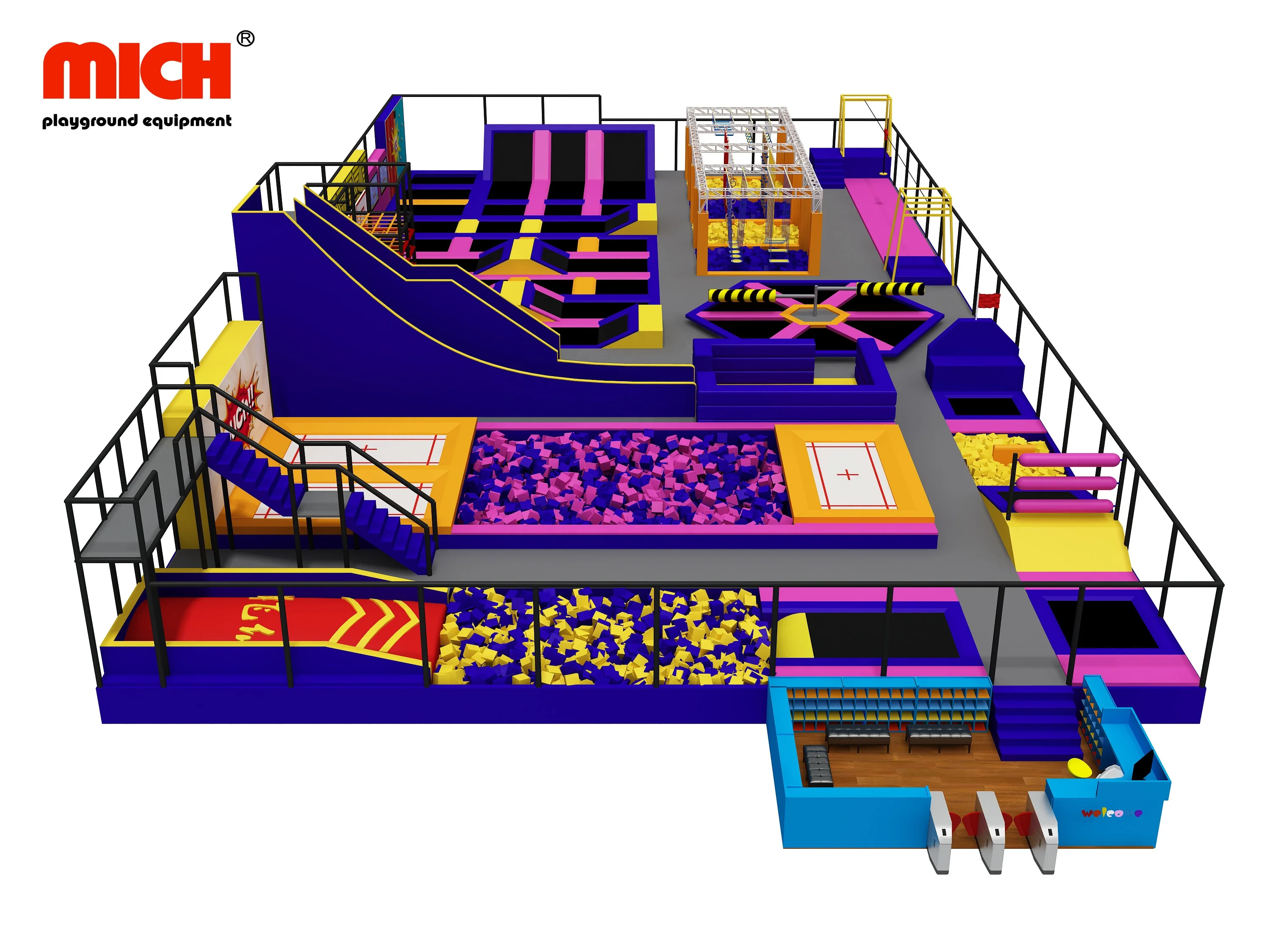 Mich Customized Commercial Indoor Trampoline Park with Foam Pit, Inflatable Bag, Zipline, Ninja Warrior, Interactive Screen Game