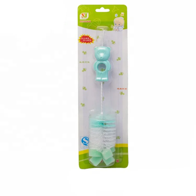 
wholesale cure bear design OEM nylon baby bottle cleaning brush with nipple cleaner 