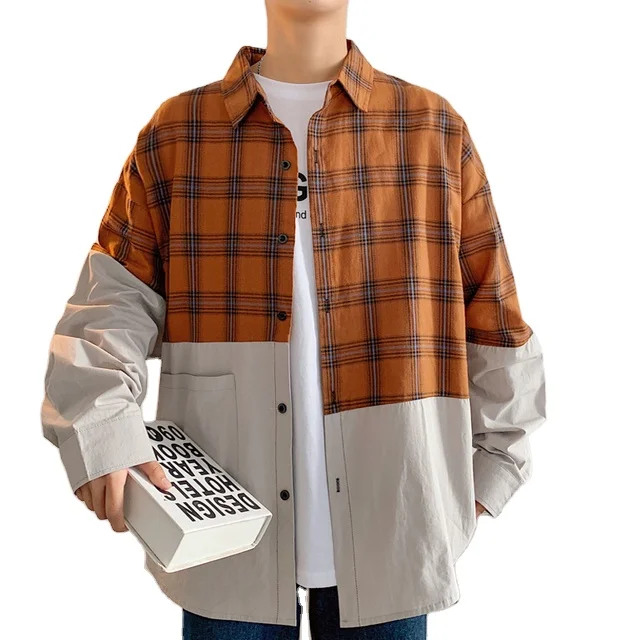 New arrival Fashions design Plaid Patchwork Long Sleeve Men Shirt 2024 Korean Vintage Button Up Shirt for men