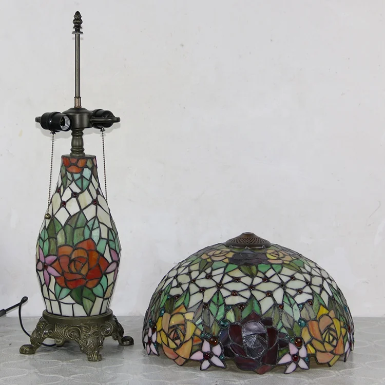 LongHuiJing Tiffany Style Table Lamp Rose Stained Glass Lampshade Desk Lights With Lighted Base 16Inch W x 25Inch Height