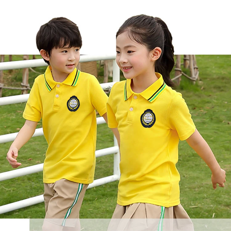
Custom kindergarten primary girls yellow polo shirt and shirt school uniform in khaki colours 