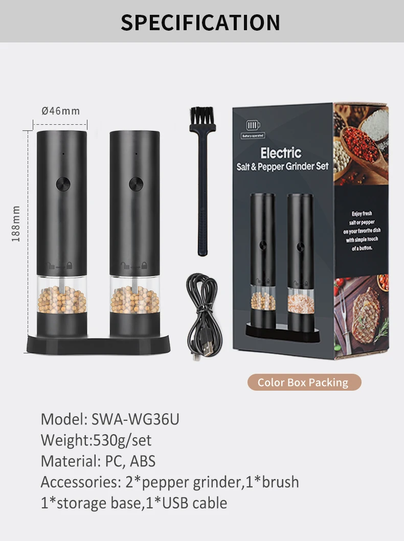 Rechargeable New smart USB Salt Electric Salt And Pepper Mill  Rechargeable Salt and Pepper Grinder set