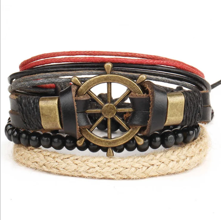 Men Woven Hemp Rope Leather Hand Chain Set Beads products Bracelet eye bracelet mens accessories pulseras para hombre
