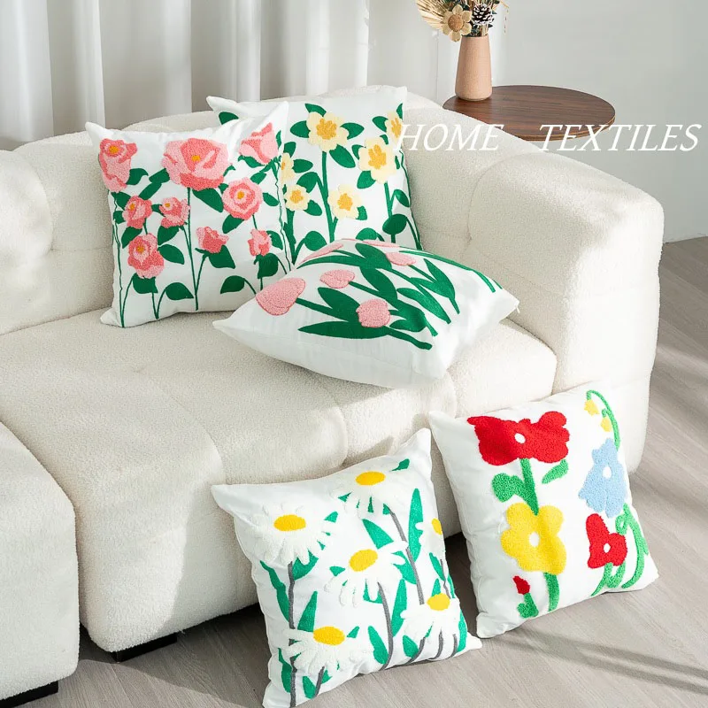 New French Garden style flower embroidery throw pillows Non-slip soft Cotton and linen plants embroidered sofa pillow towel