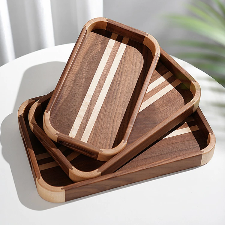 Wholesale Custom Kitchen Home Decorative Rustic Wooden Coffee Food Serving Walnut Tray