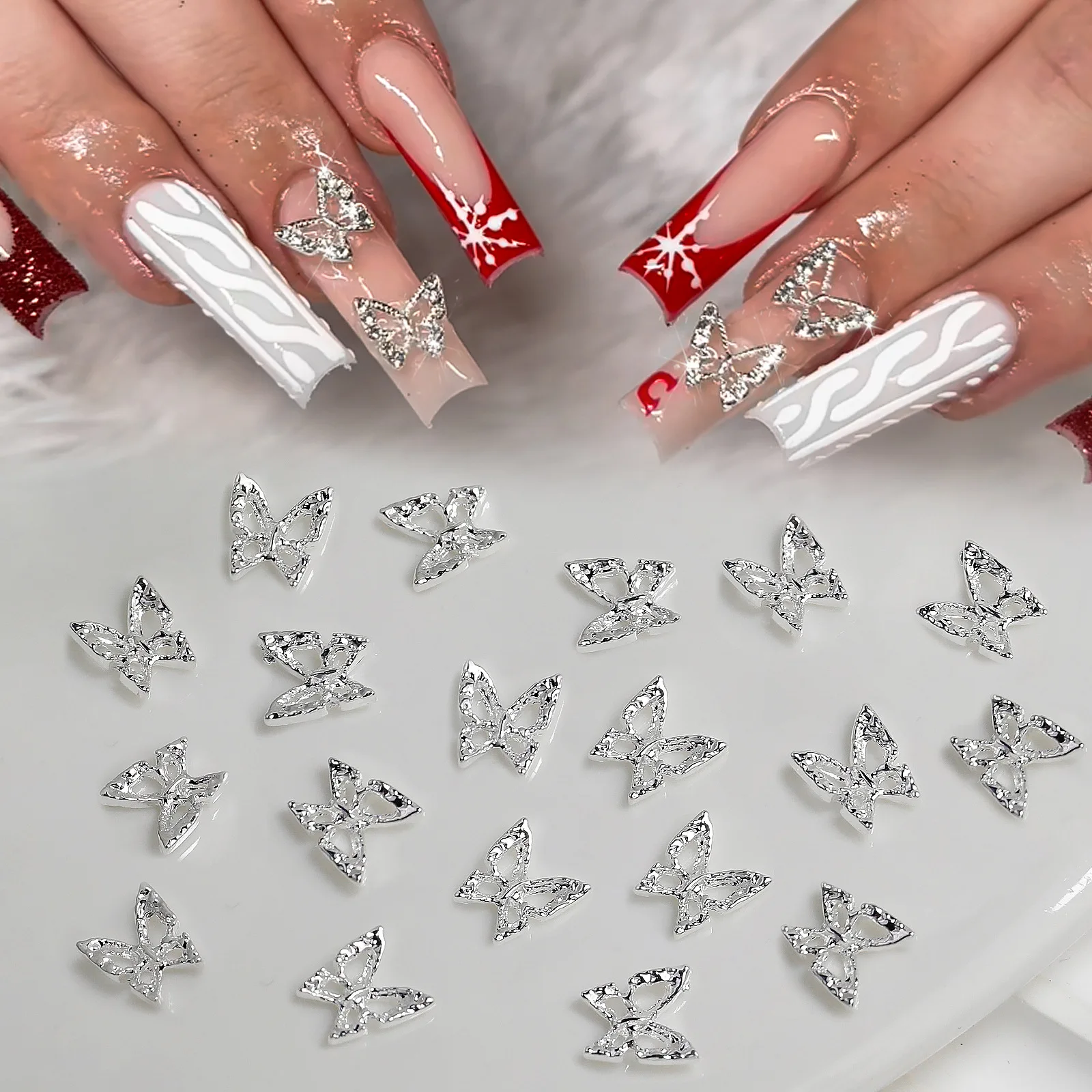 20-Piece Luxury Manicure Accessory Set Silver Alloy Large Butterfly Wings Bow Metal Nail Diamonds Crystal Style DIY Boxed
