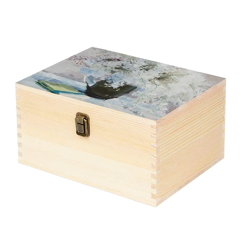 Large Rectangle Unfinished Pine Wood Box Natural DIY Craft Stash Boxes with Hinged Lid and Front Clasp