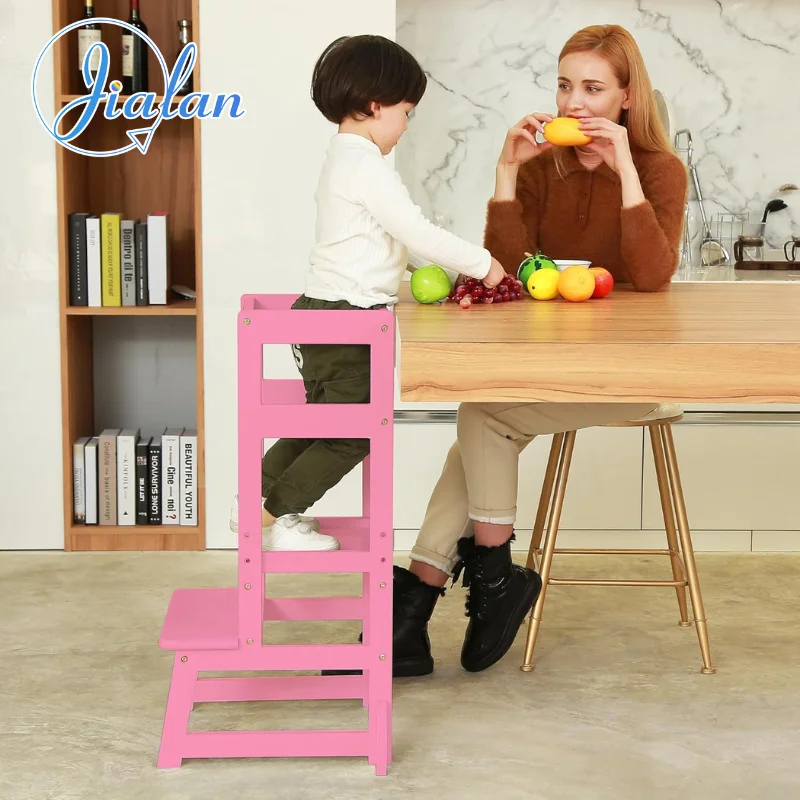 Adjustable Height Kitchen Step Stool, Children Kids Toddlers Counter Level Learning Stool for Kitchen & Bathroom, Pink