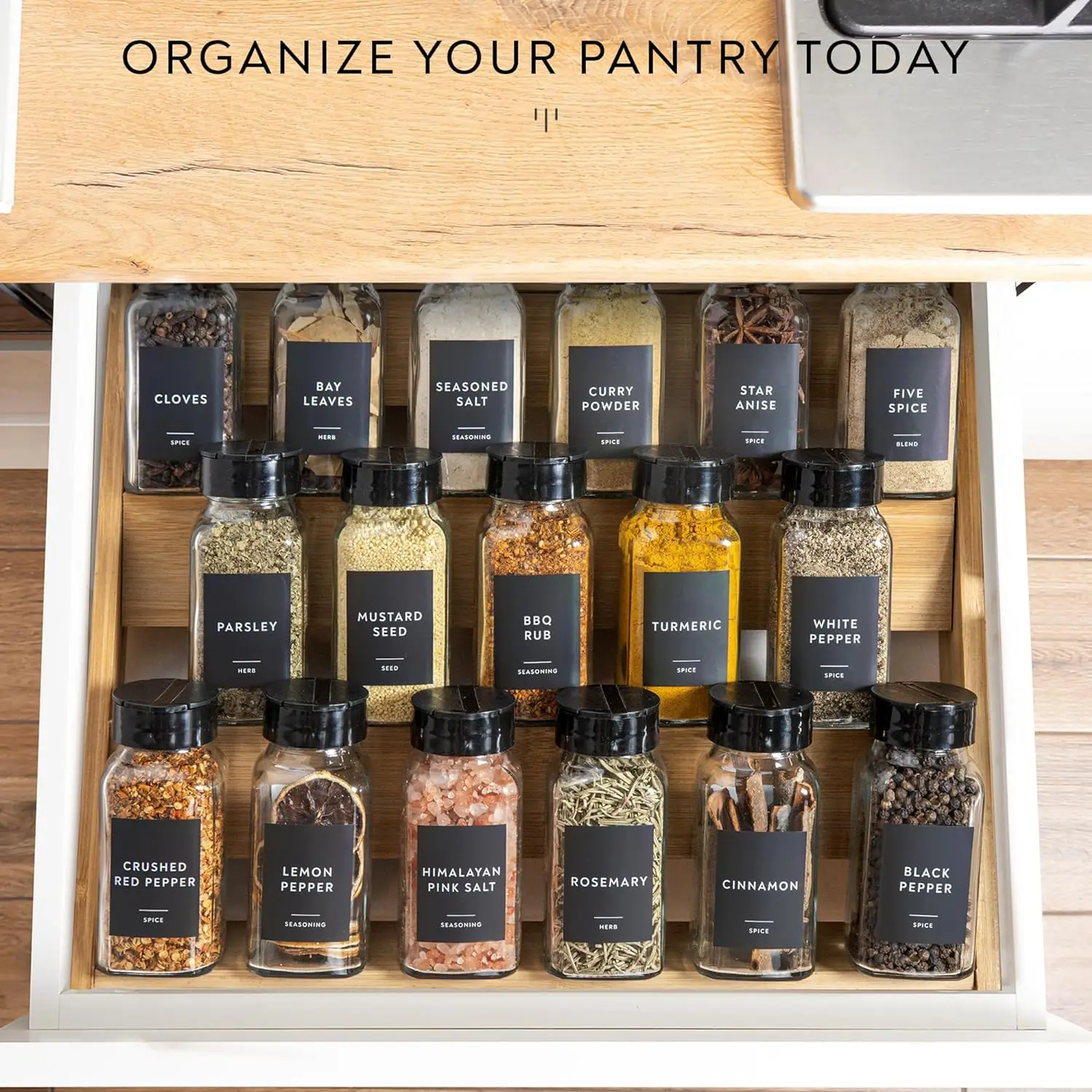 Glass Jars with Minimalist Black Spice Labels, Black Plastic Shaker Lid Dispenser White Chalk Marker Cleaning Brush and  Funnel