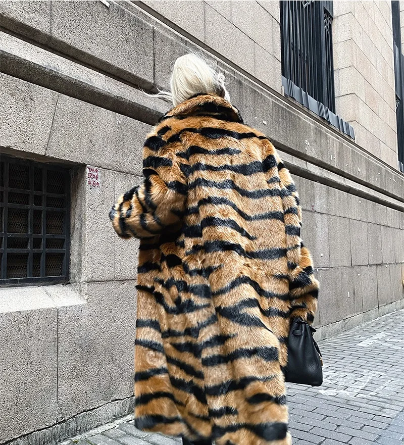 New Design Women Leopard Pattern Grey Stripe Faux Fur Coat