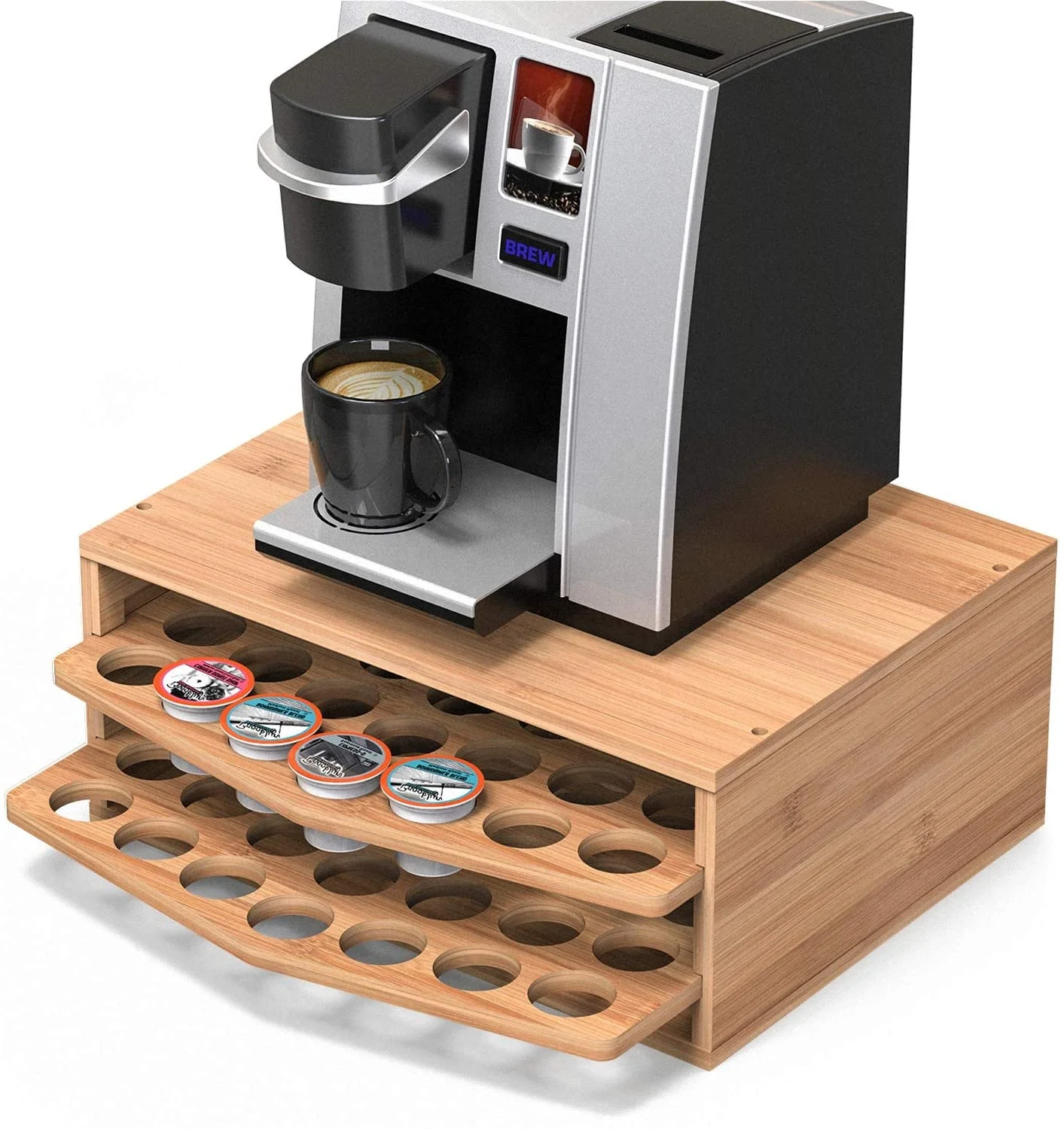 2-tier Bamboo Coffee Pod Capsule Holder Storage Organizer With Drawer For 70 K-cup Pods