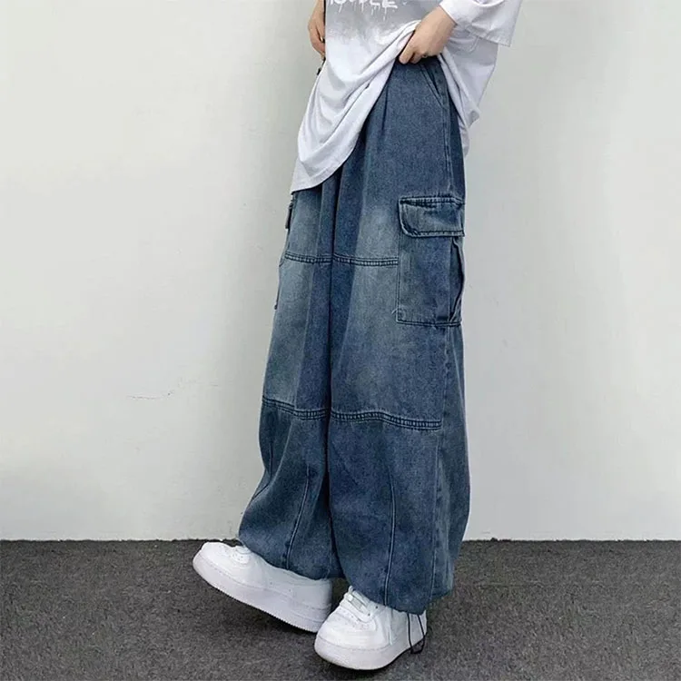 New arrival Hip-Hop baggy jeans men Washed vintage Multi-Pocket cargo jeans men Street Skateboard Hem drawstring denim Jeans