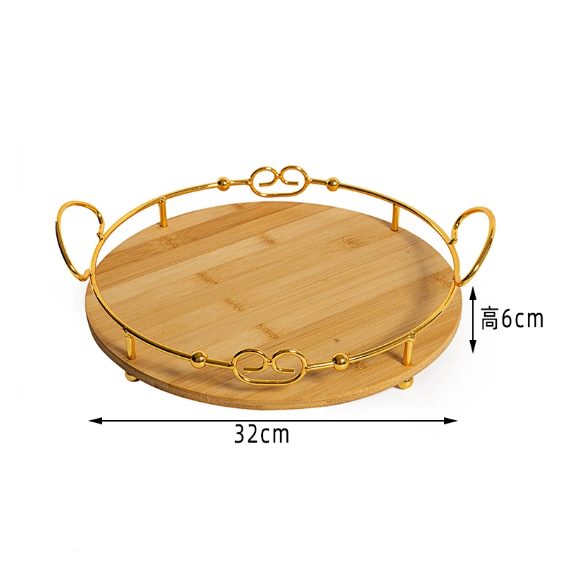 Round Rustic Bamboo Serving Tray with Handle Tea Platter Black Wood Tray Set Gold Turkish Coffee Serving Home Decorative Tray