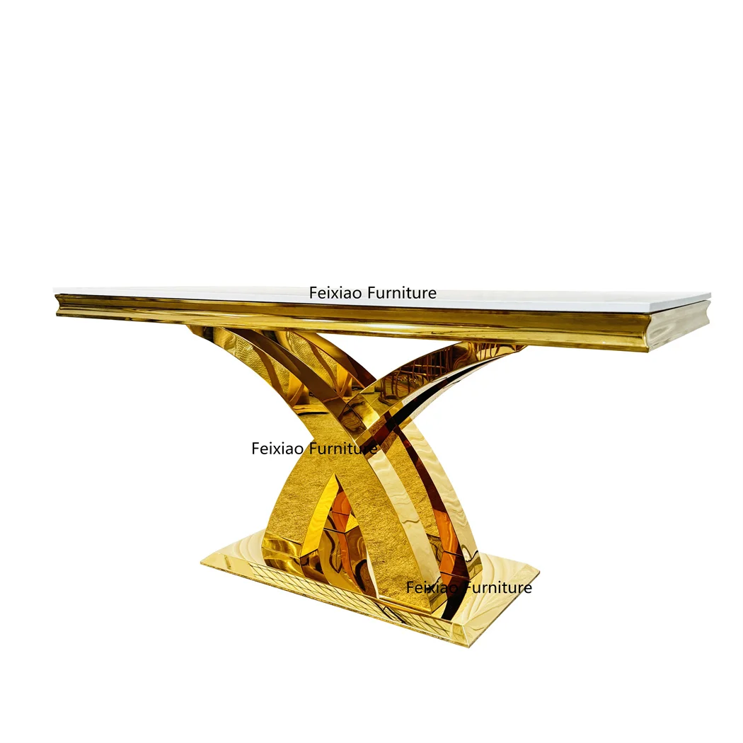 Luxury Hotel Restaurant White MDF Top Gold Stainless Steel X Cross Legs Dining Table
