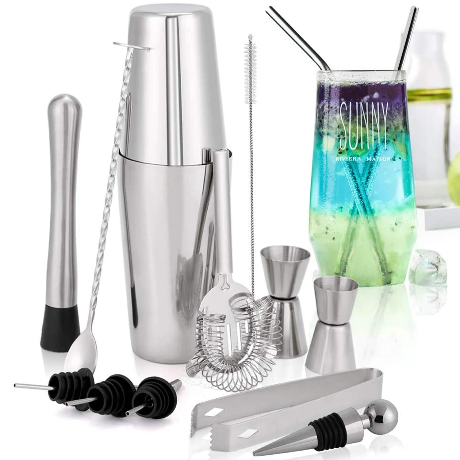 Wuyi Camol Complete 15pcs Boston Cocktail Shaker Set - 750ml+600ml Shakers - Pro Bar Tools - Boston Cocktail Shaker