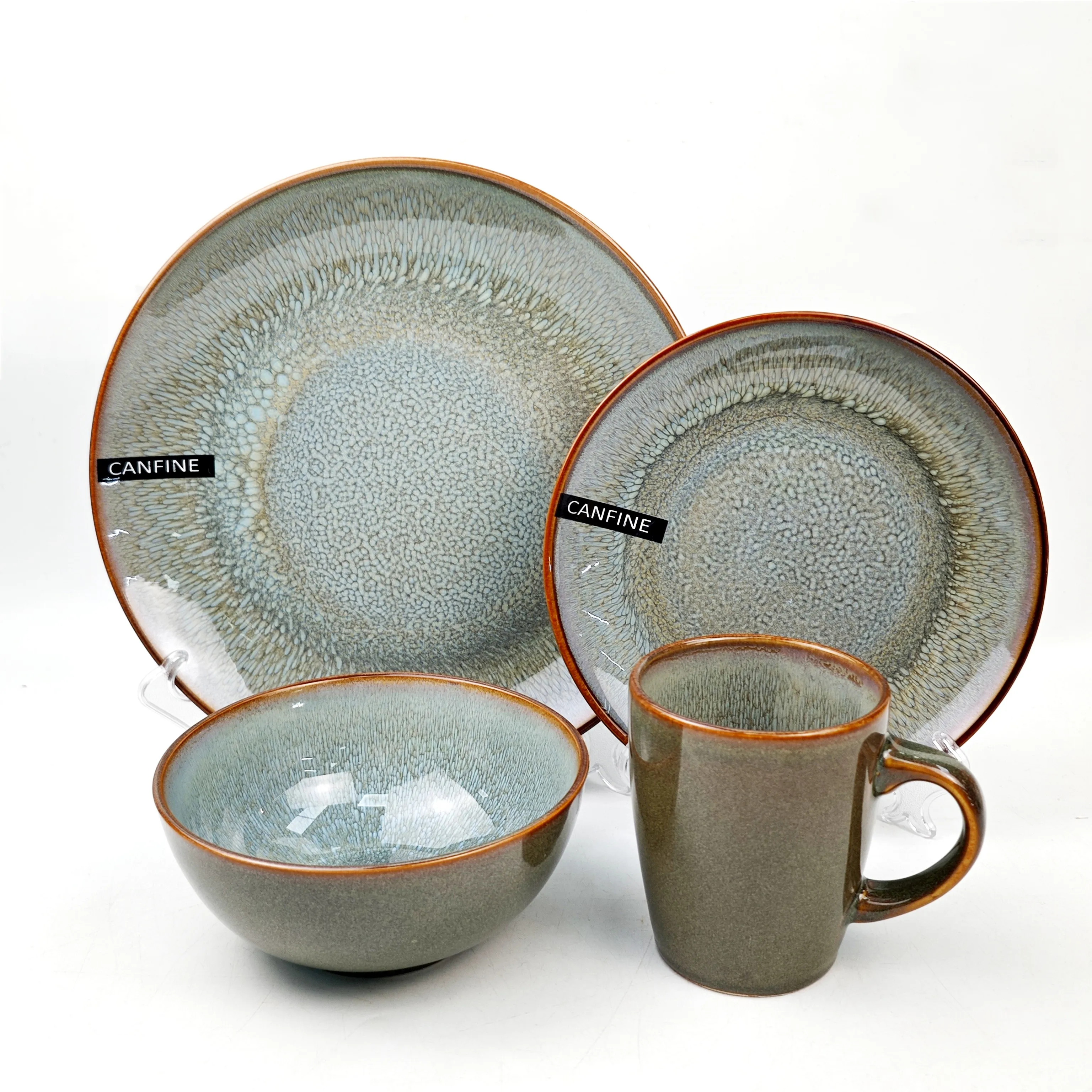 European style design pottery brown 18pcs 16pcs reaction glaze dinnerware set ceramic glaze tableware plates