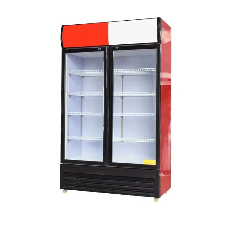 Manufacturer supply double door upright chiller freezer with glass doors coca display cola refrigerator