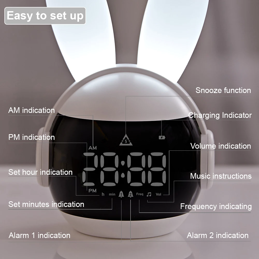 Small Rabbit Kids Alarm Clock With Dimmable Ambient Lighting Sleep Training Clock For Toddlers Teens Bedrooms