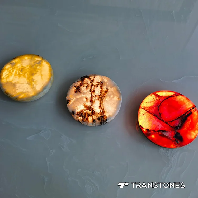 Green Onyx Jade Natural Stone Translucent Lumistone With Built-in Battery Round Coffe Table Top