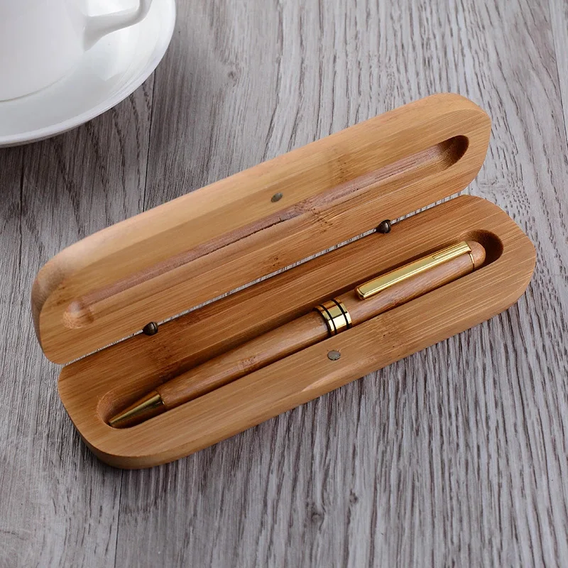 Creative Bamboo Pen Box with Laser Logo Vintage Business Gift Ballpoint Pen Set 0.5 mm Writing Width Wooden Maple Gift Box