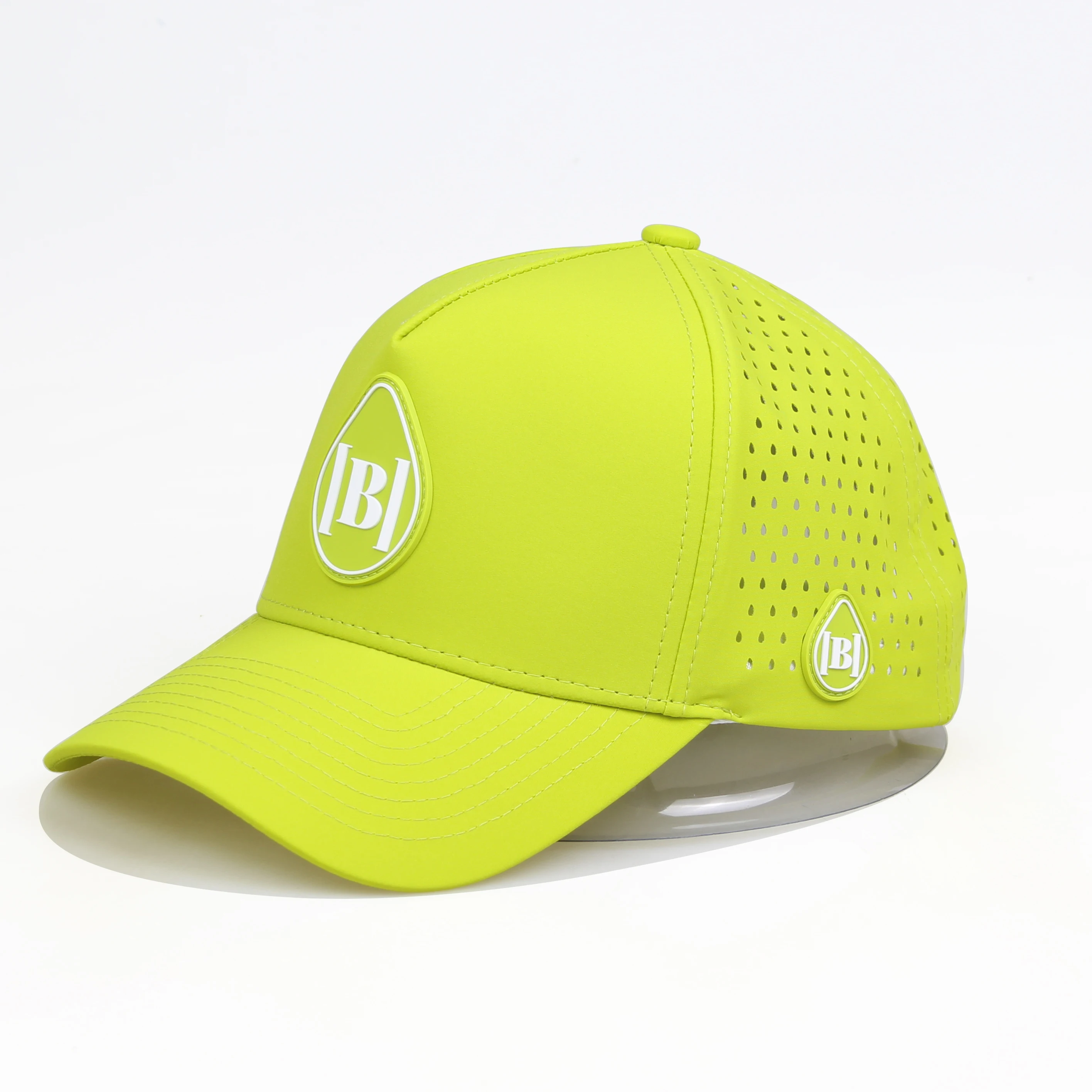 OEM Custom Logo Fluorescent Green 5 Panel Mens Quick Dry Waterproof Laser Cut Hole Gorras Perforated Golf Cap Hat for Men