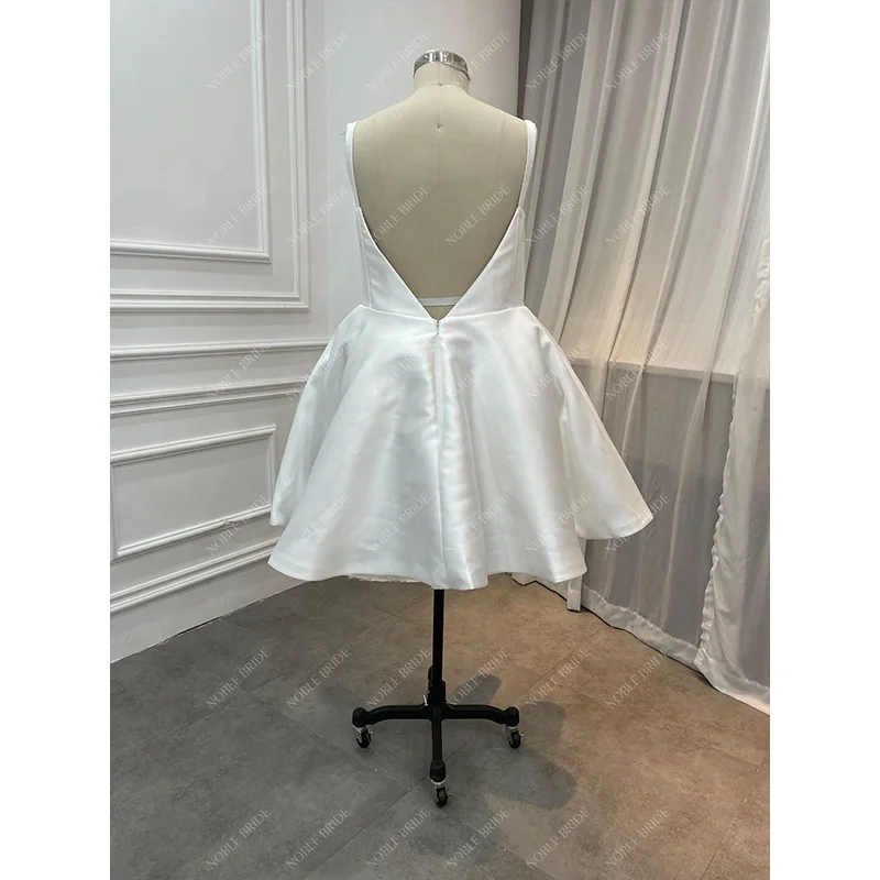Women Short Satin Party Gowns Long Sleeves Civil Boat Neckline Mini Mikado Wear Princess Bridal Corset Wedding Dresses with Bow