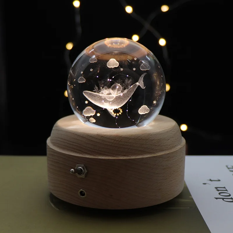 Night Lights Decor 3d Crystal Ball Night Lamp Music Box Wooden Led Night Light For Bedroom