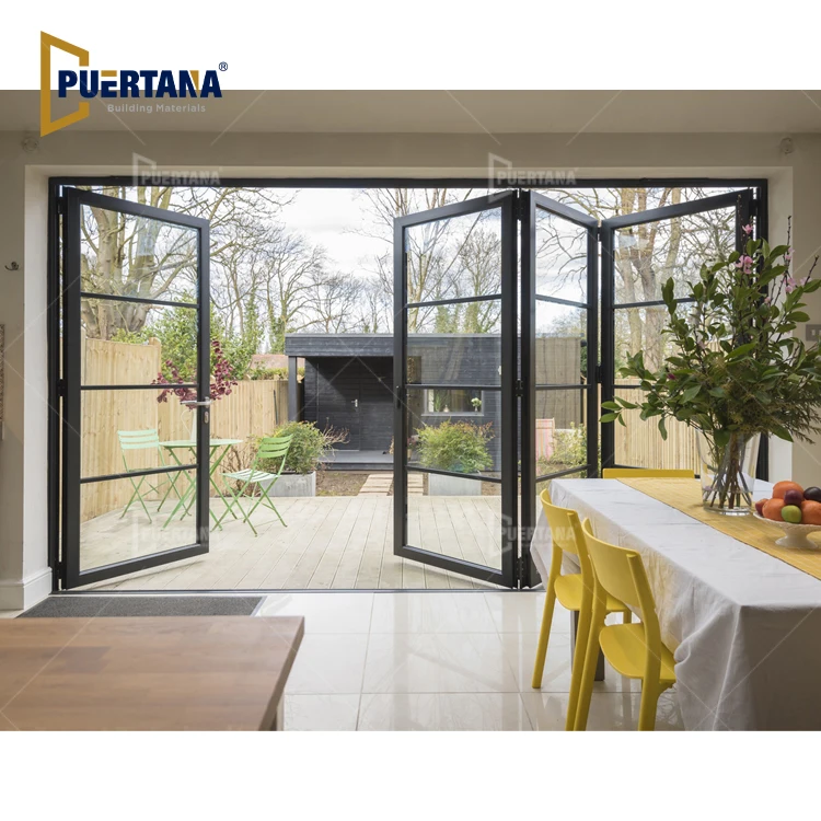 Steel Look Aluminium Tempered Glass Front Accordion Folding Door Exterior House  Aluminum Bifolding Patio Door
