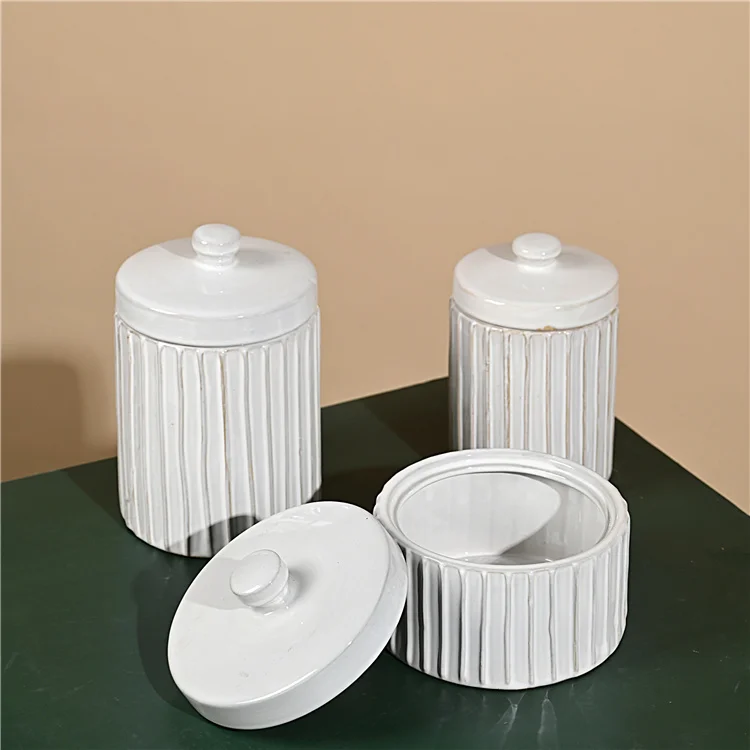 Antique Effect Ceramic Embossed Line Kitchen Coffee Canister With Lid