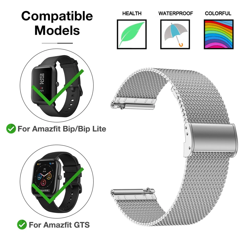 20mm/22mm Watchband Strap for Xiaomi Huami Amazfit Bip U/S Pace Lite Youth GTS 2 2e Milanese Smart Bracelet Bands Sport Correa