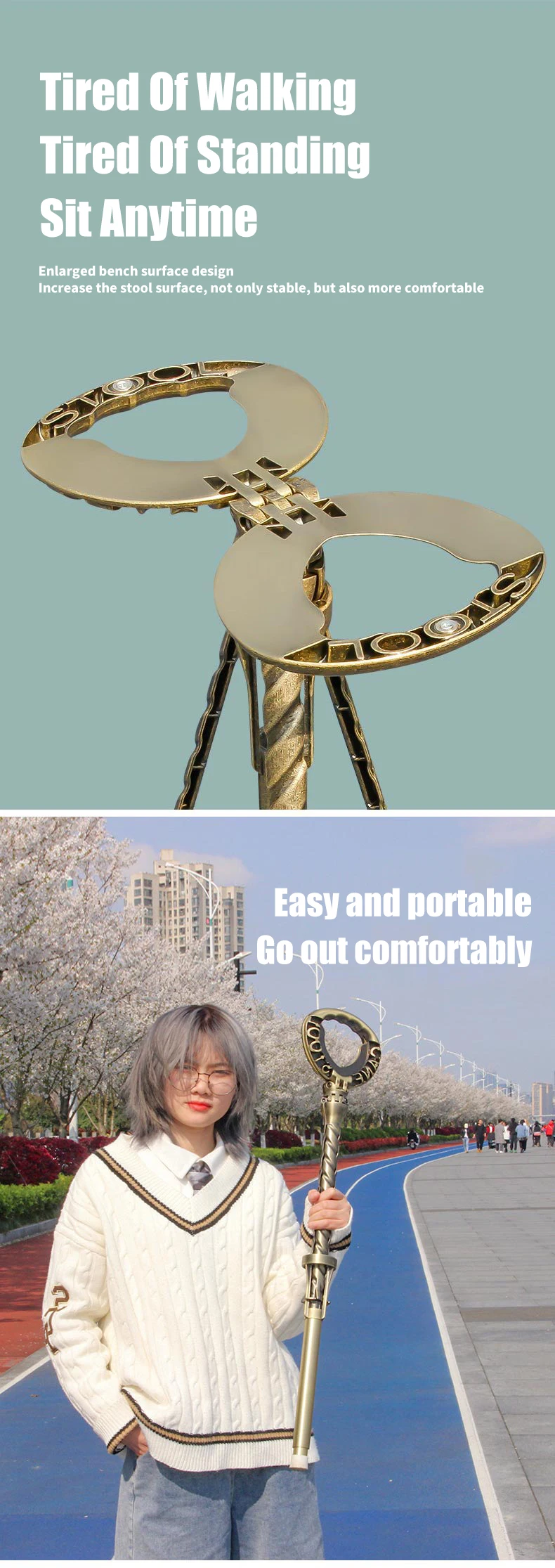 3 in 1 Folding Aluminum Alloy Outdoor Camping Cane Stool Telescopic Walking Stick Baton Chair portable walking stick