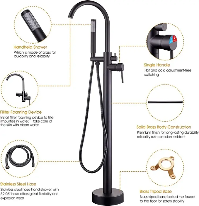 Freestanding Bathtub Faucet Tub Floor Mount Bathroom Faucets Brass Single Handle with Hand Shower High Flow Rate Max 6 GPM