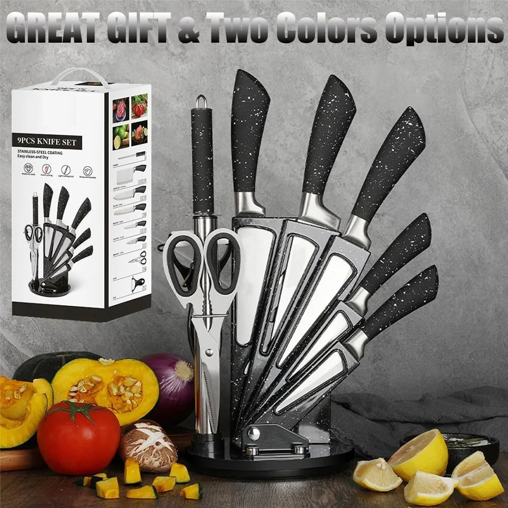 swiss line 9pcs stainless steel kitchen knife block set with hollow handle