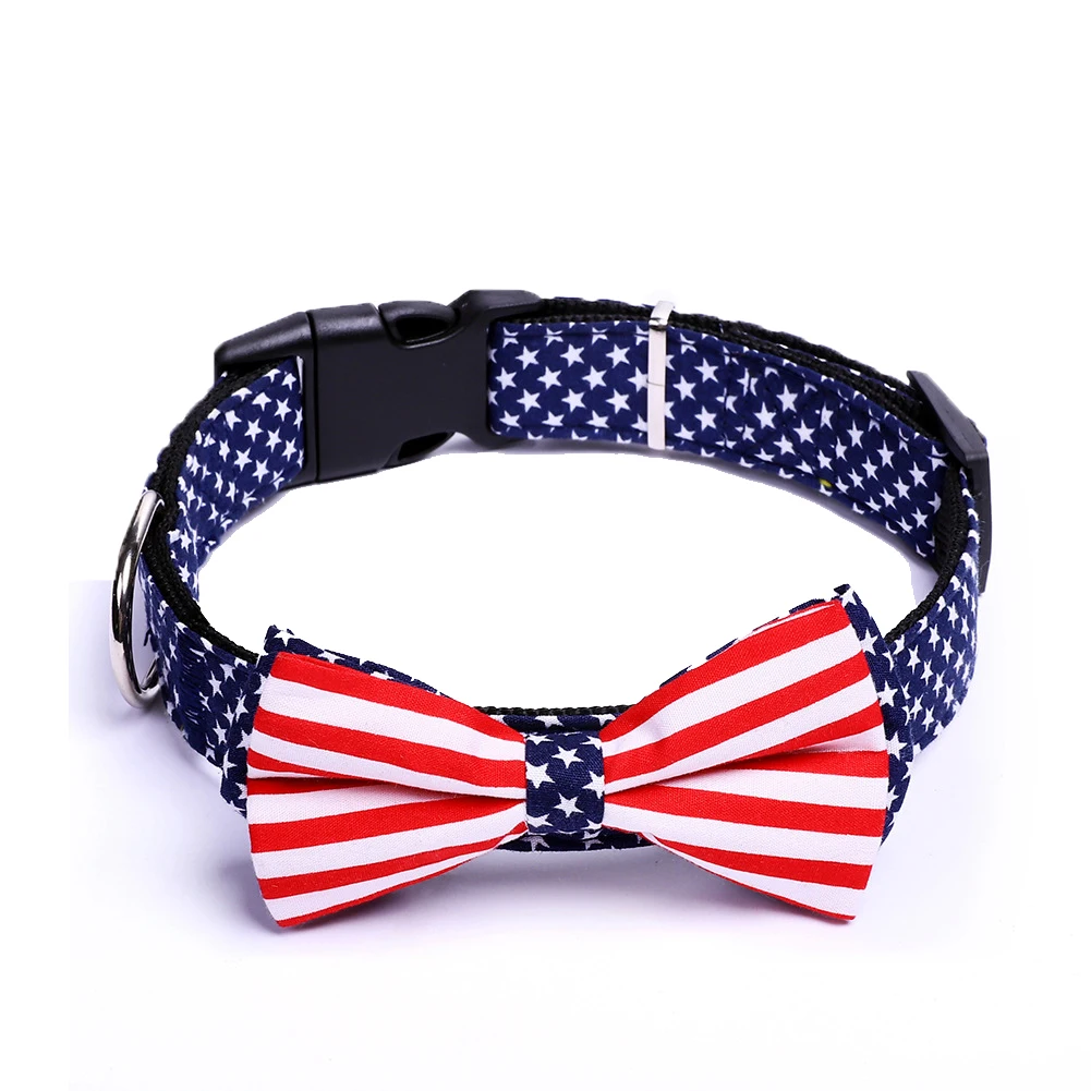 Heavy Duty Clip Buckle Pet Collar, National Flag Style Detachable Adjustable Bow Tie Dog Collar with America Flag printing