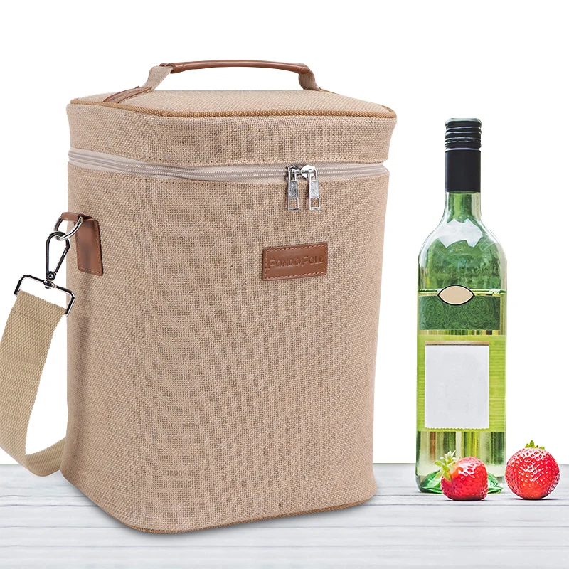 Китайский поставщик, оптовая продажа, изготовленная на заказ Сумка-переноска из джута на 4 бутылки, изолированная переработанная сумка-холодильник для вина с наплечным ремнем