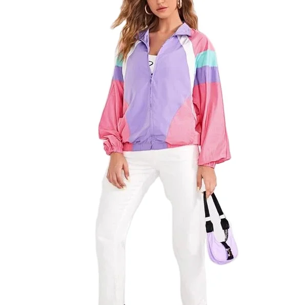 Ветровка с нашивками, Женская Весенняя Спортивная ветровка из полиэстера с длинным рукавом