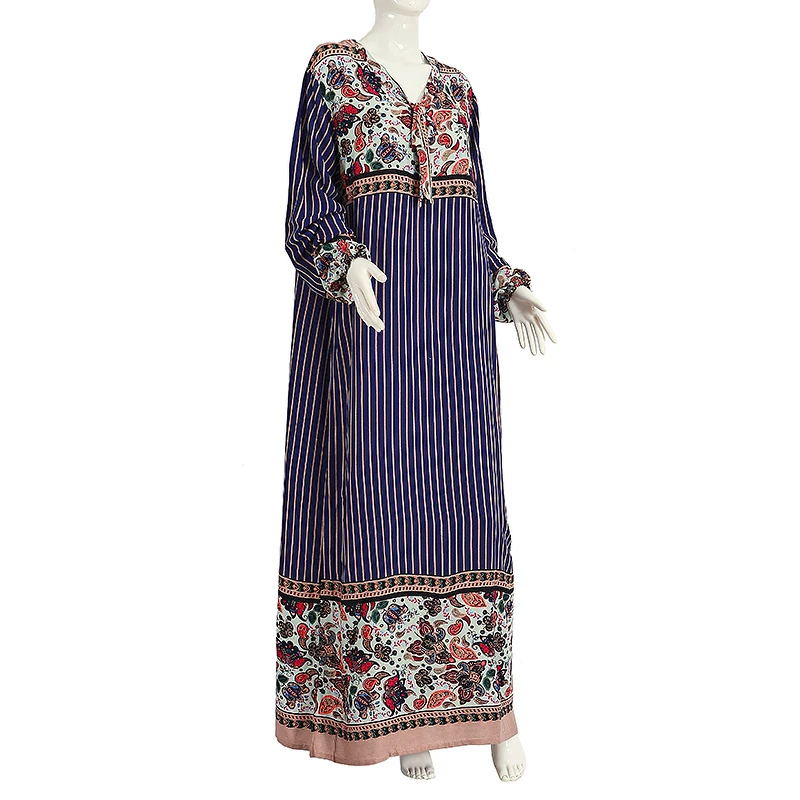 Modern Print Design Casual Dubai Cotton Long Sleeve Embroidered cotton printed long sleeve muslim woman s dress