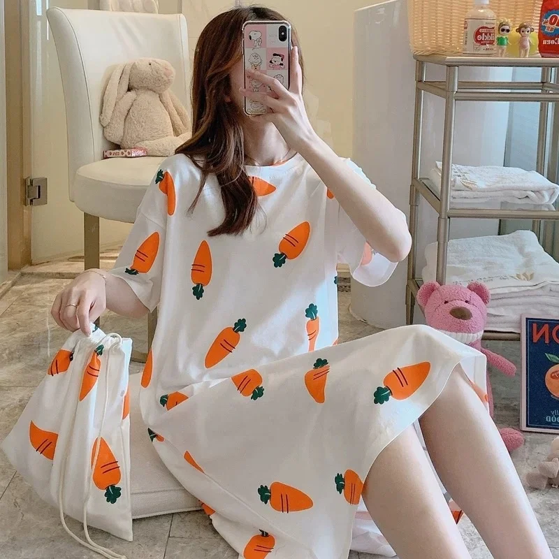 
women summer home wear student cute plus size pajamas lovely cartoon Student Home Service short Sleeve women Cotton nightgown 