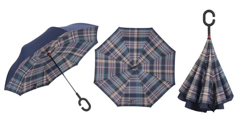 Cheap Checks Double Layer Upside Down Inverted Car Umbrella rainproof windproof C-Handle Reverse umbrella parasol for travel