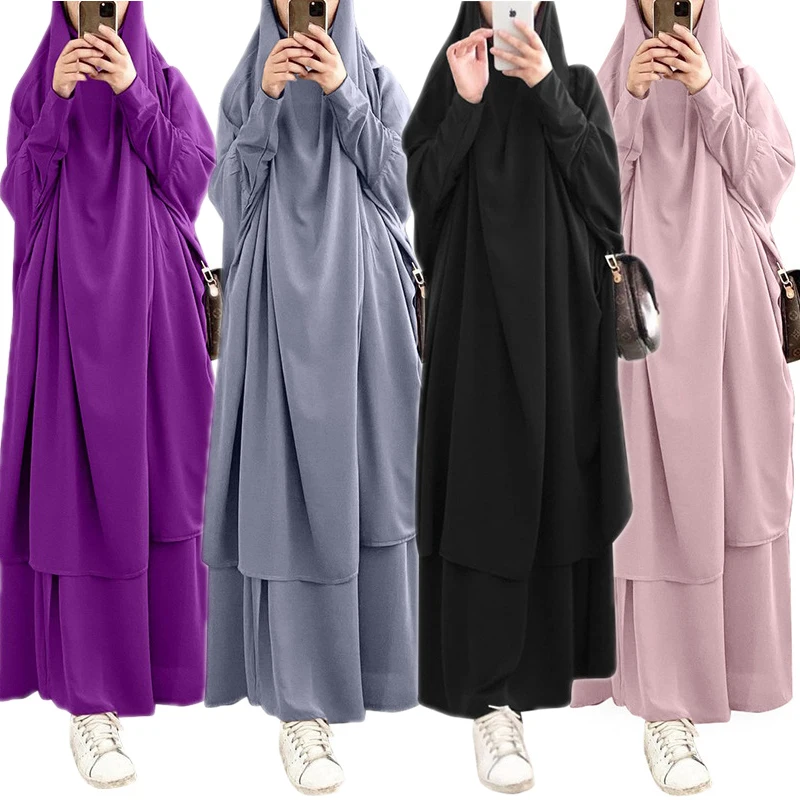 New Arrivals Plain Color Chiffon 2 piece Closed Abaya Set with Hood Silk Islamic Clothing Women Black Muslim Pants Long Dress