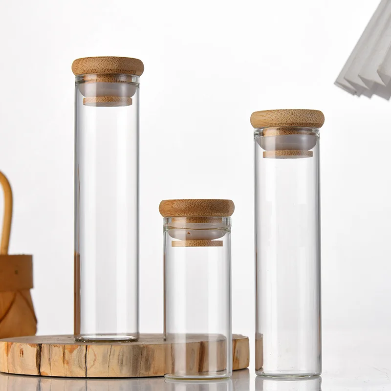 Free sample round straight borosilicate glass food jar kitchen dried fruit storage jars with bamboo lid