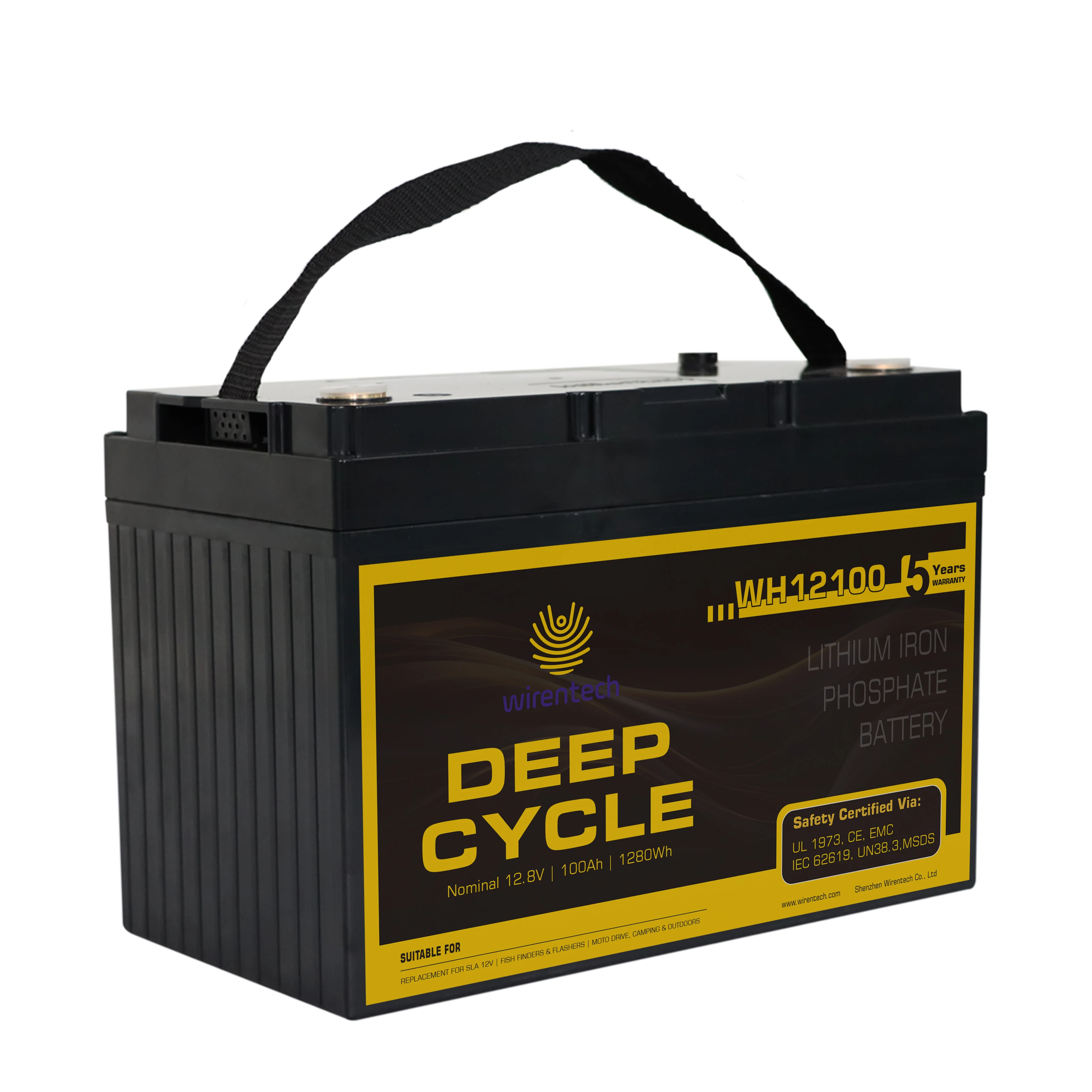 Wirentech UL1973 Verified IEC62619 Lithium 12.8V 100Ah 1280wh Dual Purpose LiFePO4 Battery Pack for Boat Trolling Motor Marine