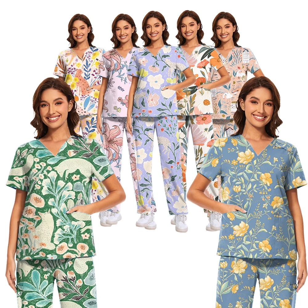 2024 Flowers Scrub Tops Women Cute Print Nurse Uniforms Scrubs Comfortable Hospital Women Printed Nursing Scrub Sets