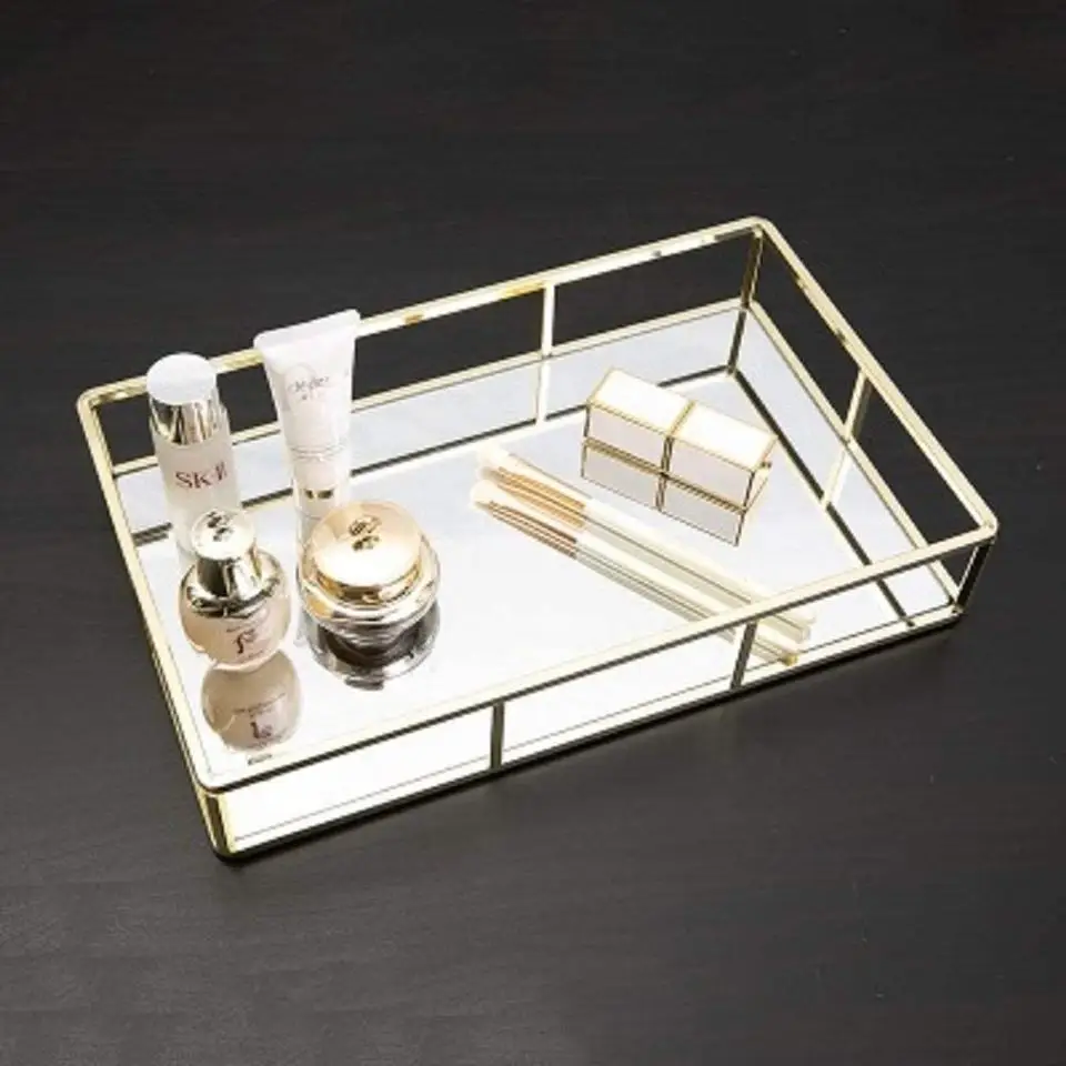 Dresser Decorative Ornate Metal Gold Vanity Jewelry  Organizer Makeup Mirror Tray for Vanity  Dresser Bathroom  Bedroom