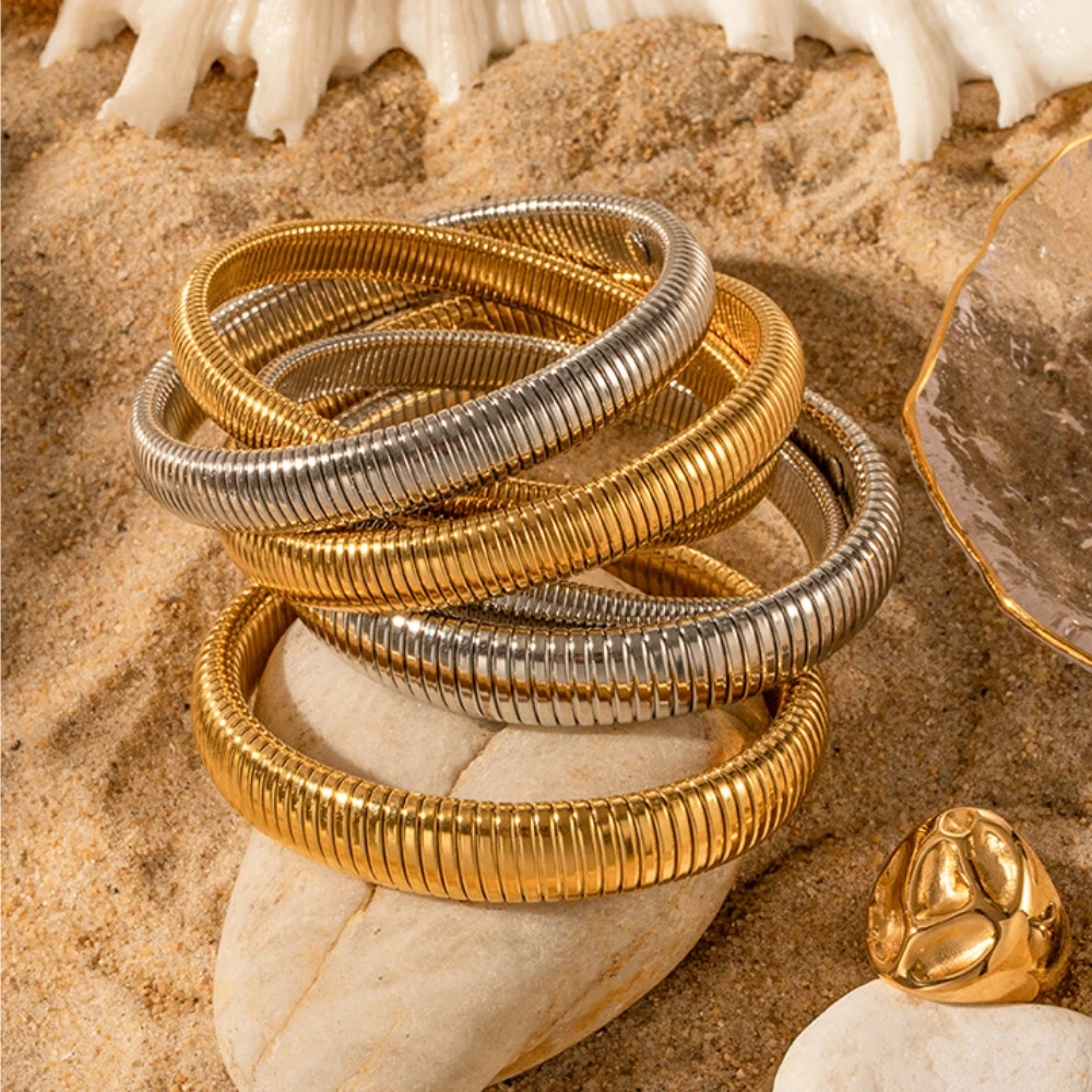 Fashion Stainless Steel Jewelry Stretchable Snake Bangles Hip Hop Non Tarnish 18K Gold PVD Plated Snake Bracelets for Women Men