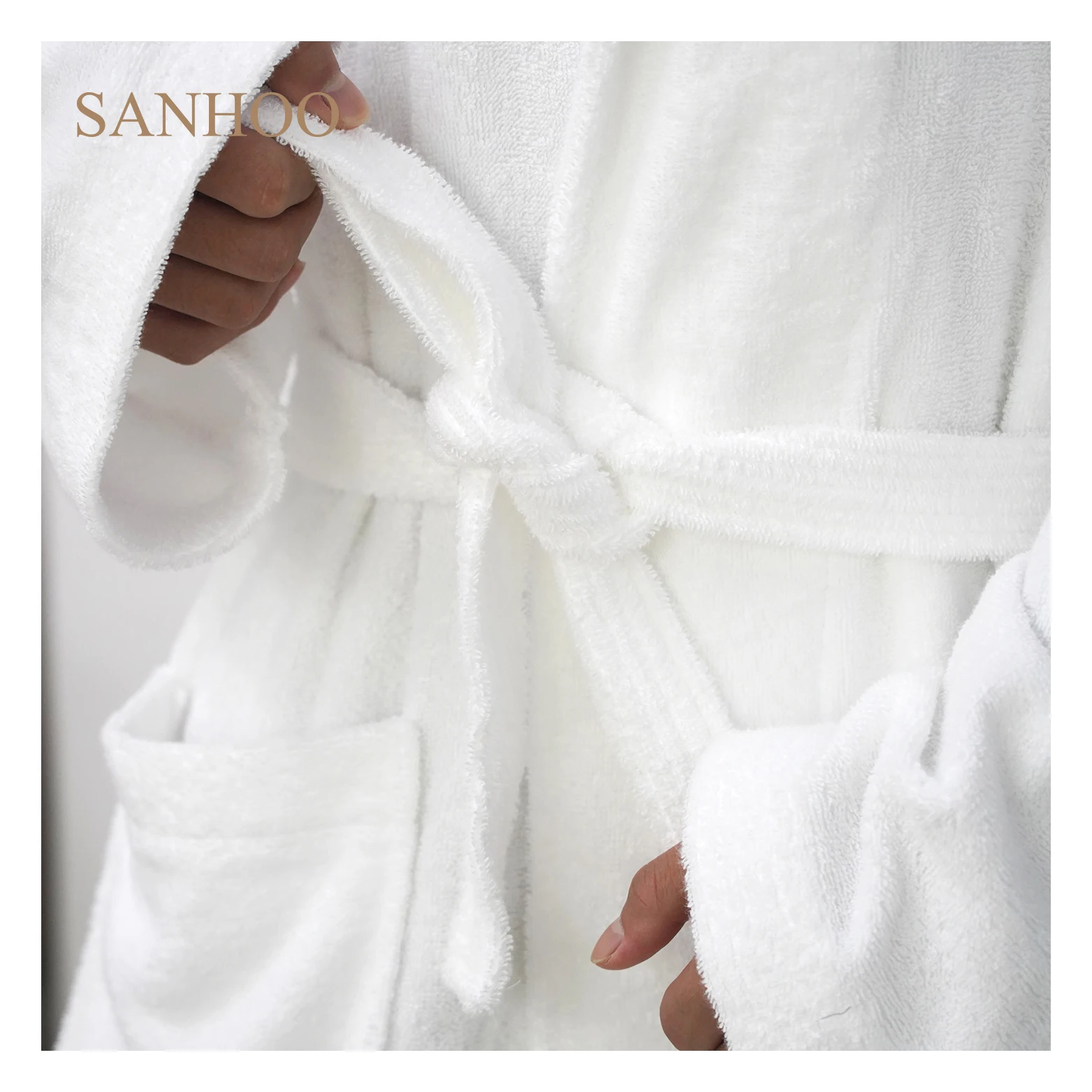 SANHOO Custom 5 Star Hotel Luxury Spa Velour Bath Robe 100% Cotton Bathrobe With Terry Toweling Inner